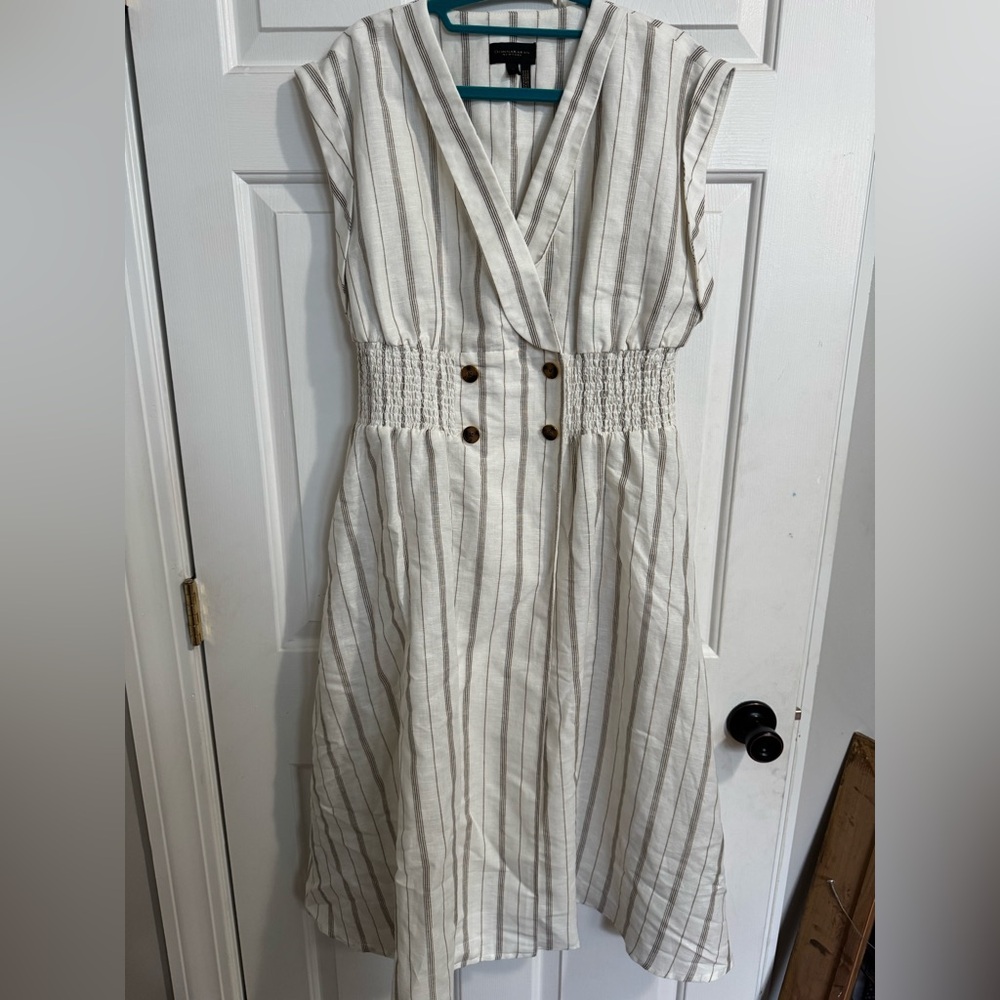 Donna Karan Cream and Brown Striped wrap Midi Dress linen and cotton blend